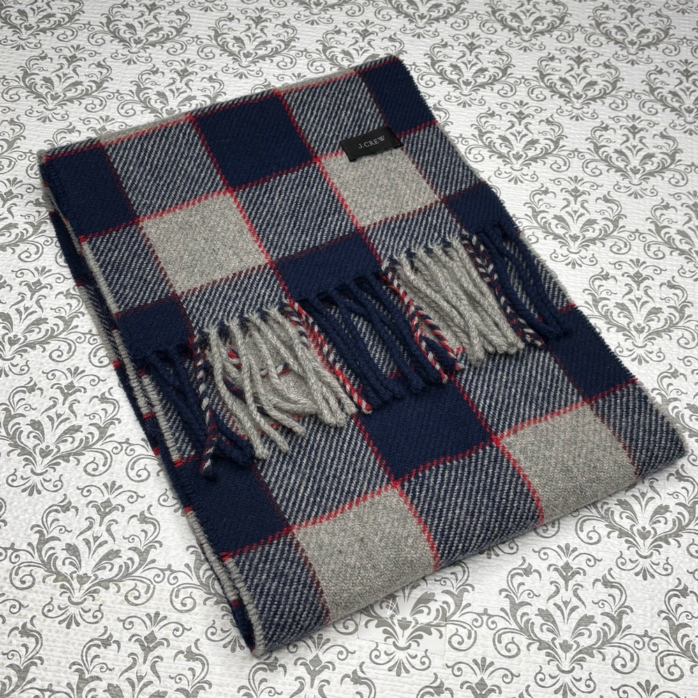 J.Crew 100% Wool Plaid Scarf with Fringe in Blue and Grey with Red Detail